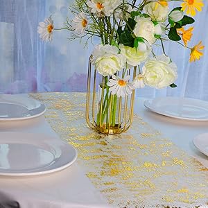 Gold Sequin Table Runner Set – Metallic Foil Mesh Decoration, 11" x 108", 2 Pieces